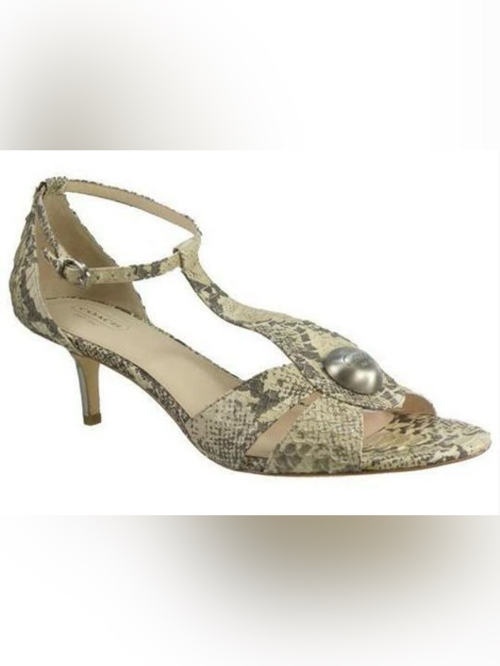 Coach Snake-Print T-Strap Sandal in Beige and Taupe with Silver Accent